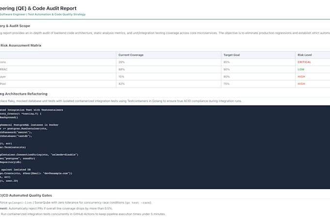 audit code, design automated testing, and qe architecture